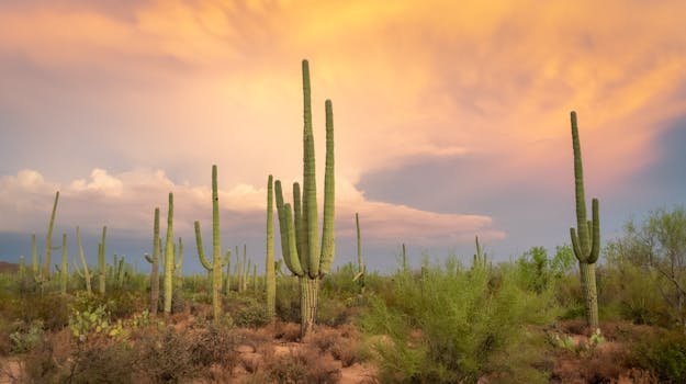Saguaro cacti silhouetted against a vibrant sunset in Arizona